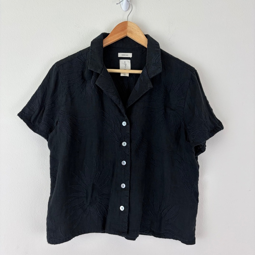 Joie Womens Black 100% Linen Embroidered Short Sleeve Button Down Shirt Size S